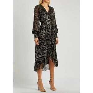 Zimmerman Black Silk Chiffon Gold Lurex Dot Ruffle Wrap Midi Dress Size 1 (US 6)
